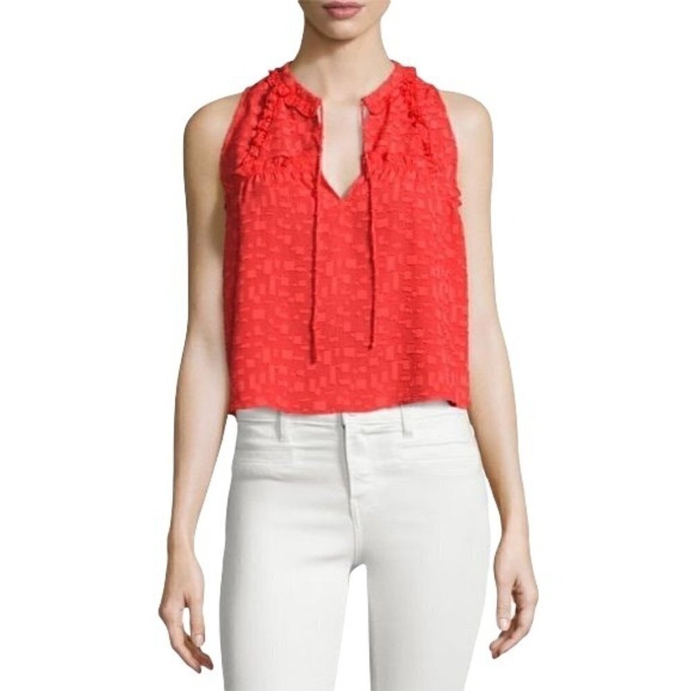 IRO Textured Ragnhild Swing Crop Tie Neck Top Babydoll Blouse in Red Orange Sz34